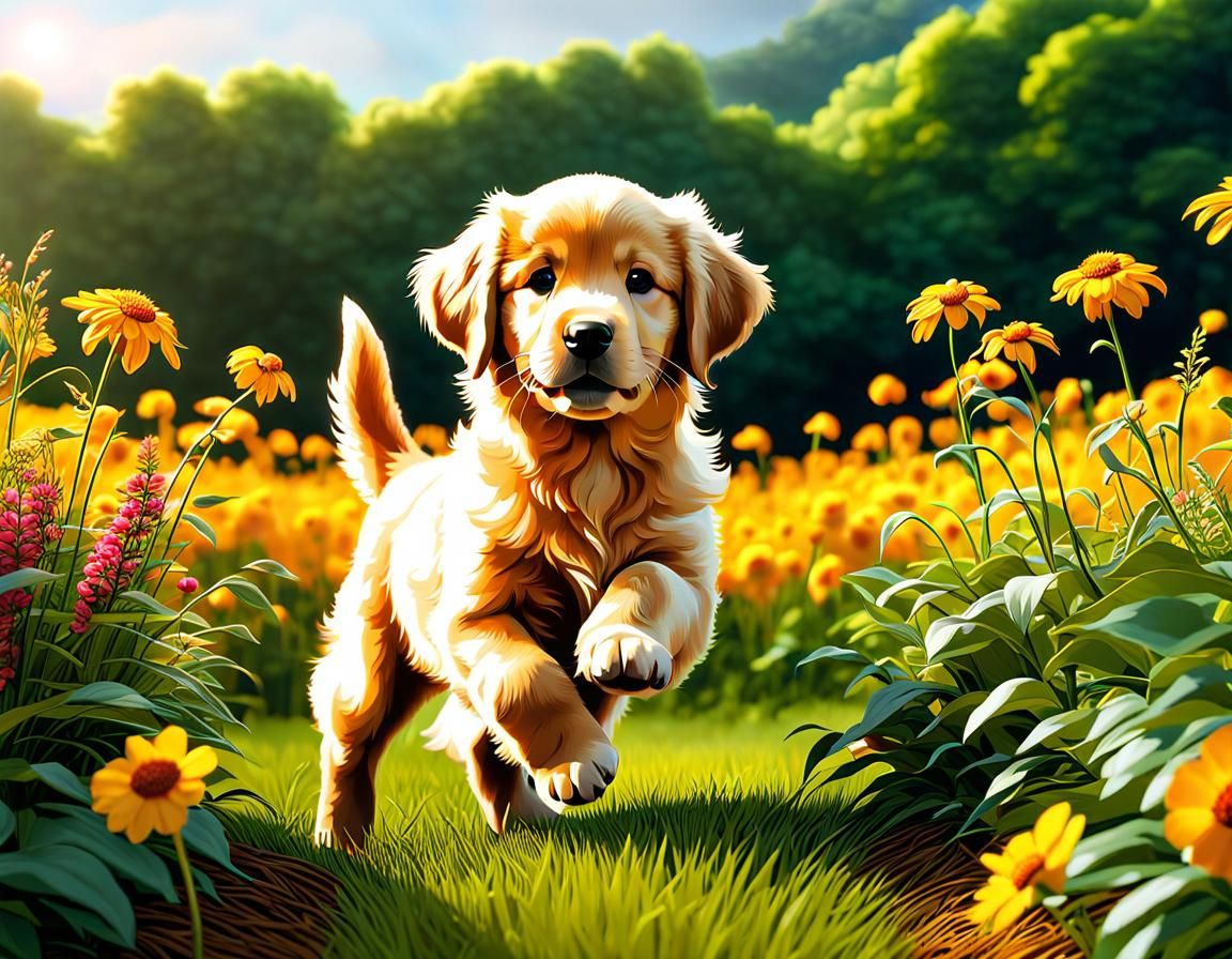 Cute Golden Retriever Puppy in a Flower Field