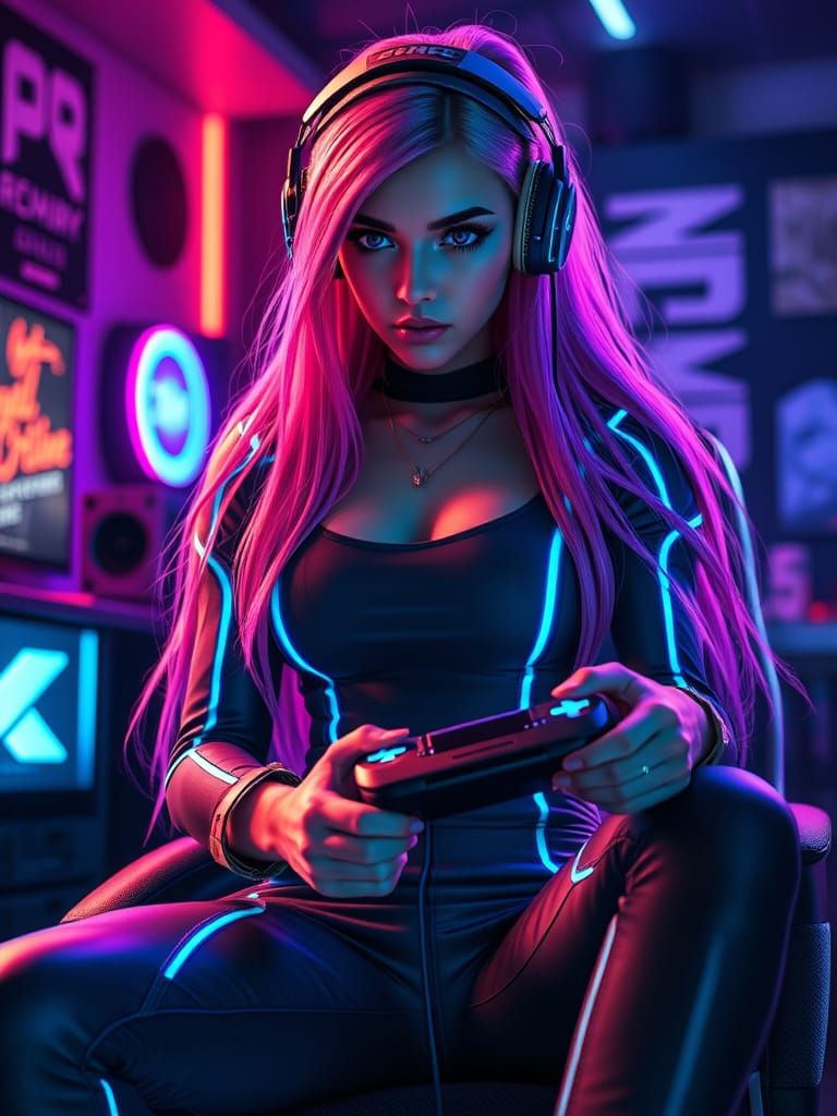 Hyperrealistic Gen Z Gamer Girl in Neon-Lit Gaming Lair