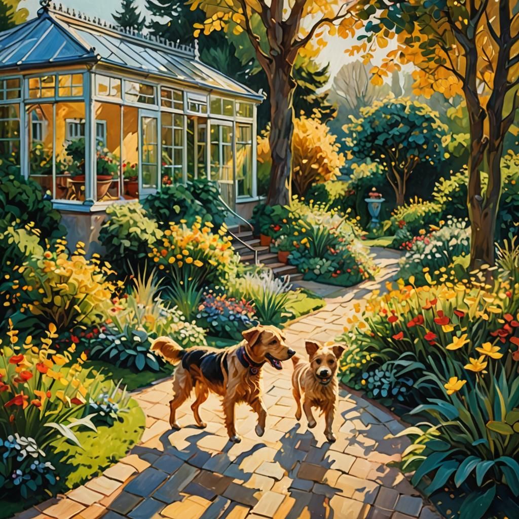 Dog in Garden: Impressionist Oil Painting in Van Gogh Style