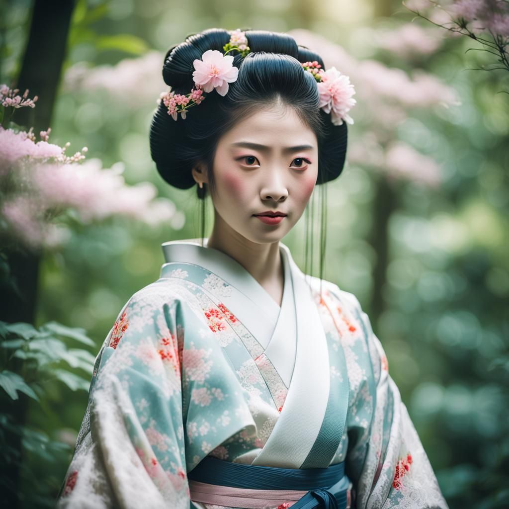 Ethereal Geisha Portrait in Lush Forest