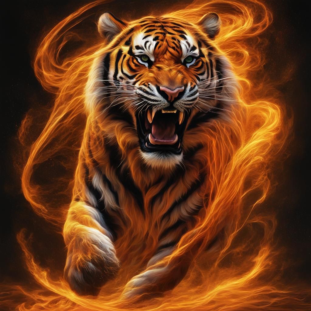 Fiery Tiger: Holographic Bioluminescent Illustration