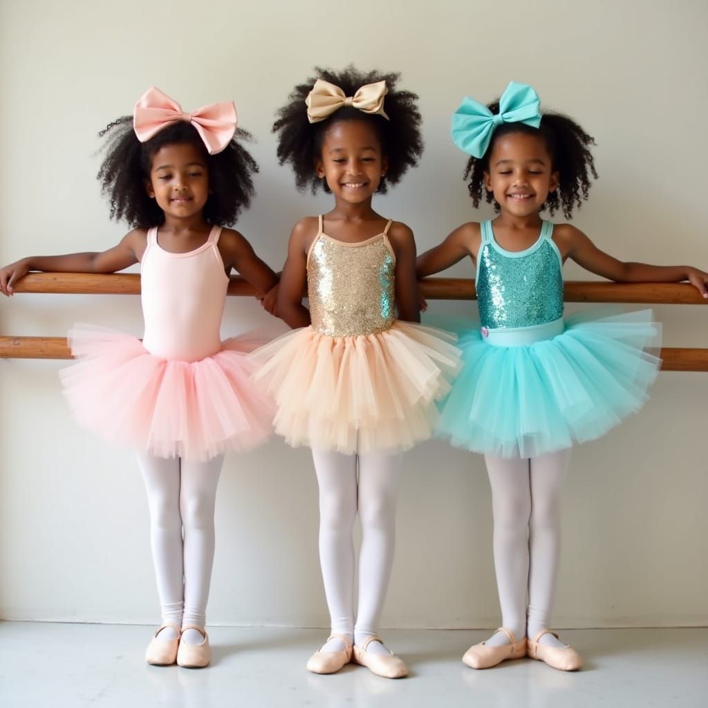 Three Young Ballerinas Practice at Ballet Barre