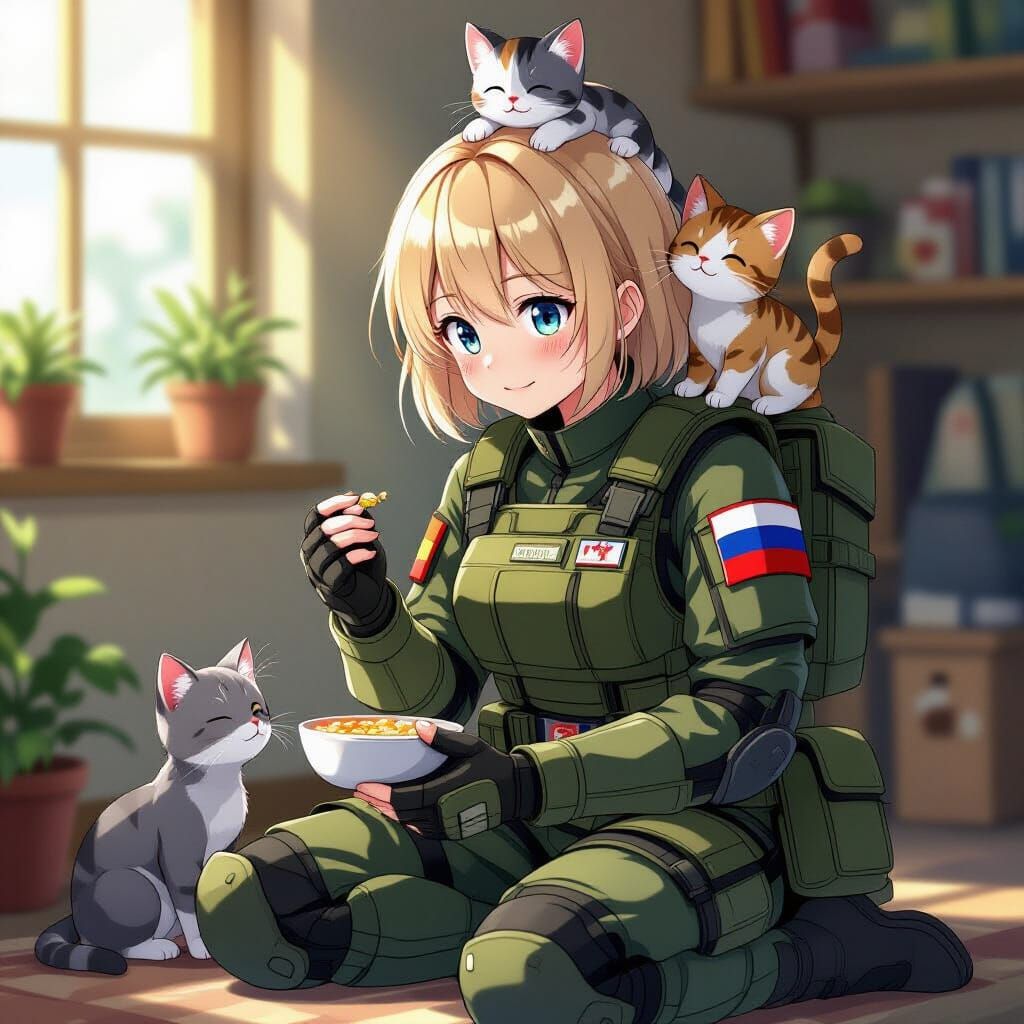 Anime Soldier Girl Feeds Kitten, Studio Trigger Style