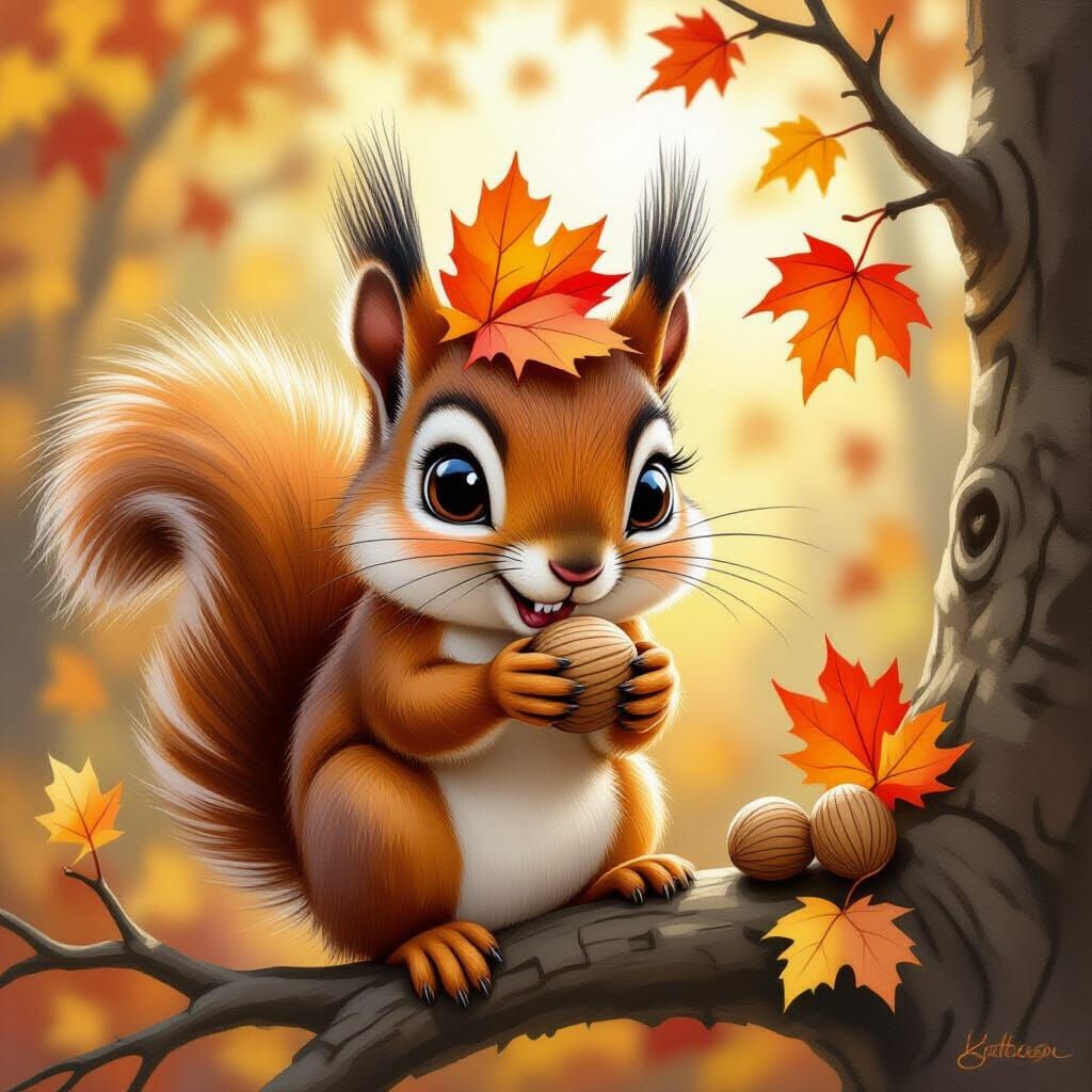 Whimsical Squirrel Steals Nuts in Autumn Oil Painting