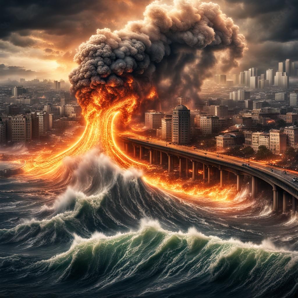 Fiery Tsunami Engulfs City: Hyperrealistic Disaster