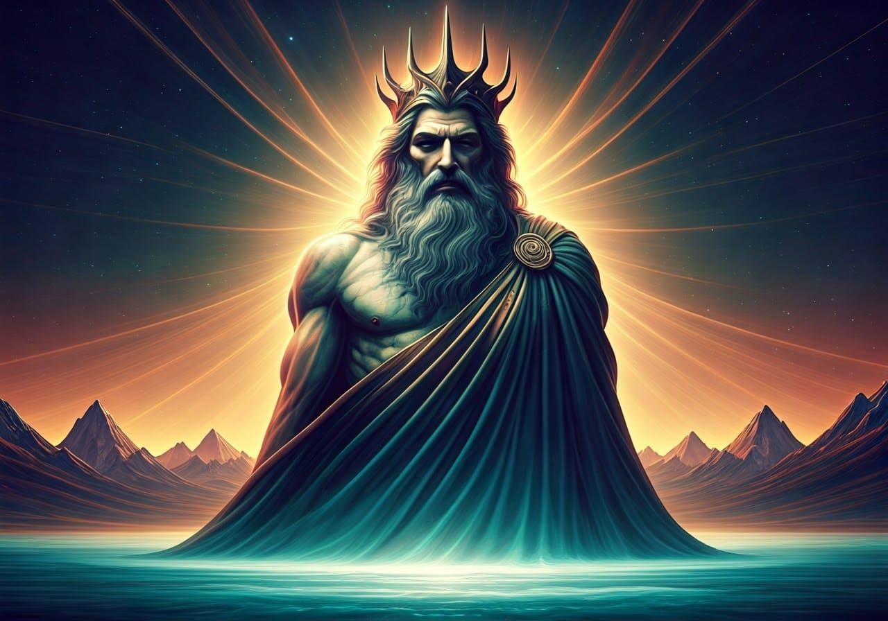 Close-up a majestic epic and dramatic, King Poseidon in surr...