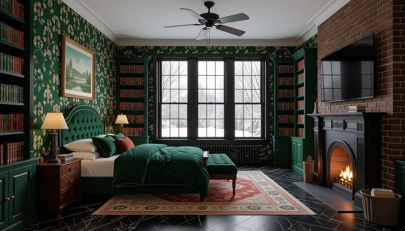 Vibrant Victorian Bedroom in Dark Green and Brick
