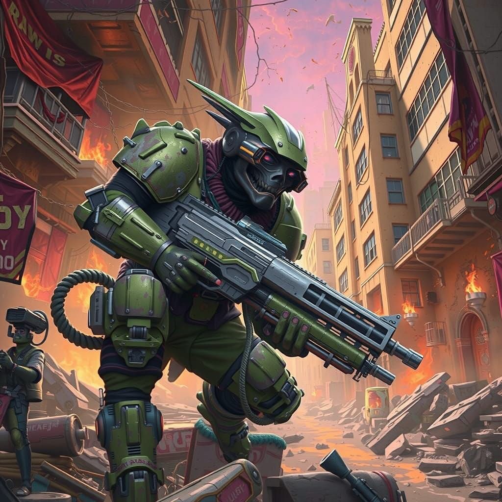 Mutant Warrior in Heavy Powered Armor Strides Through Ruined...