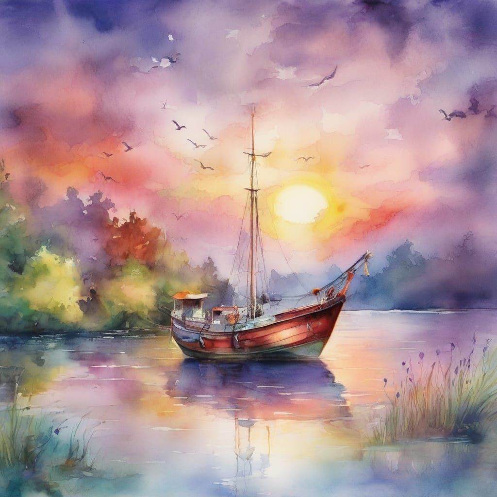Whimsical Watercolour Fantasy: Vibrant Lake Scene with Anima...