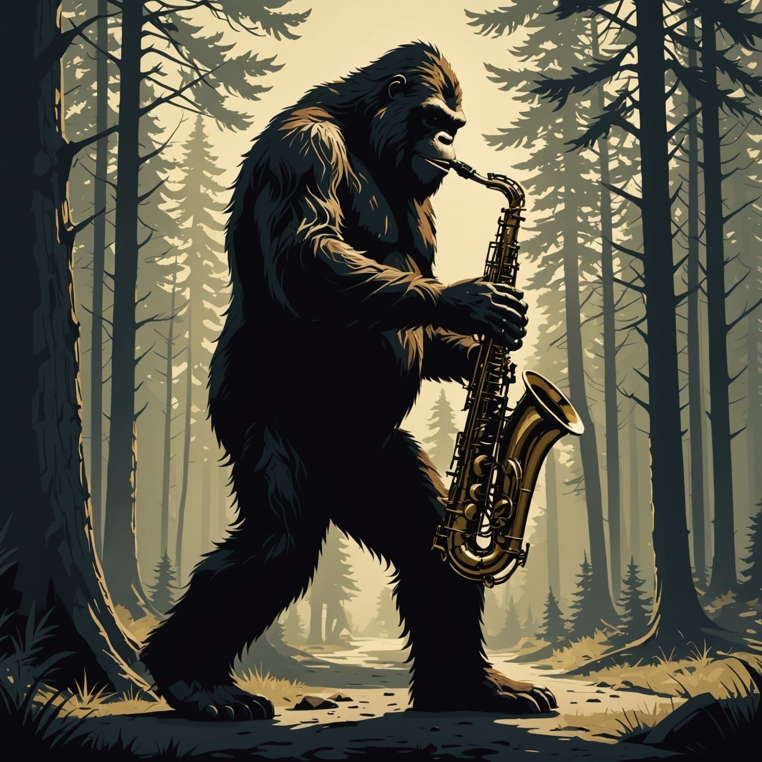 Bigfoot's Shadow Plays the Saxophone in a Mysterious Forest