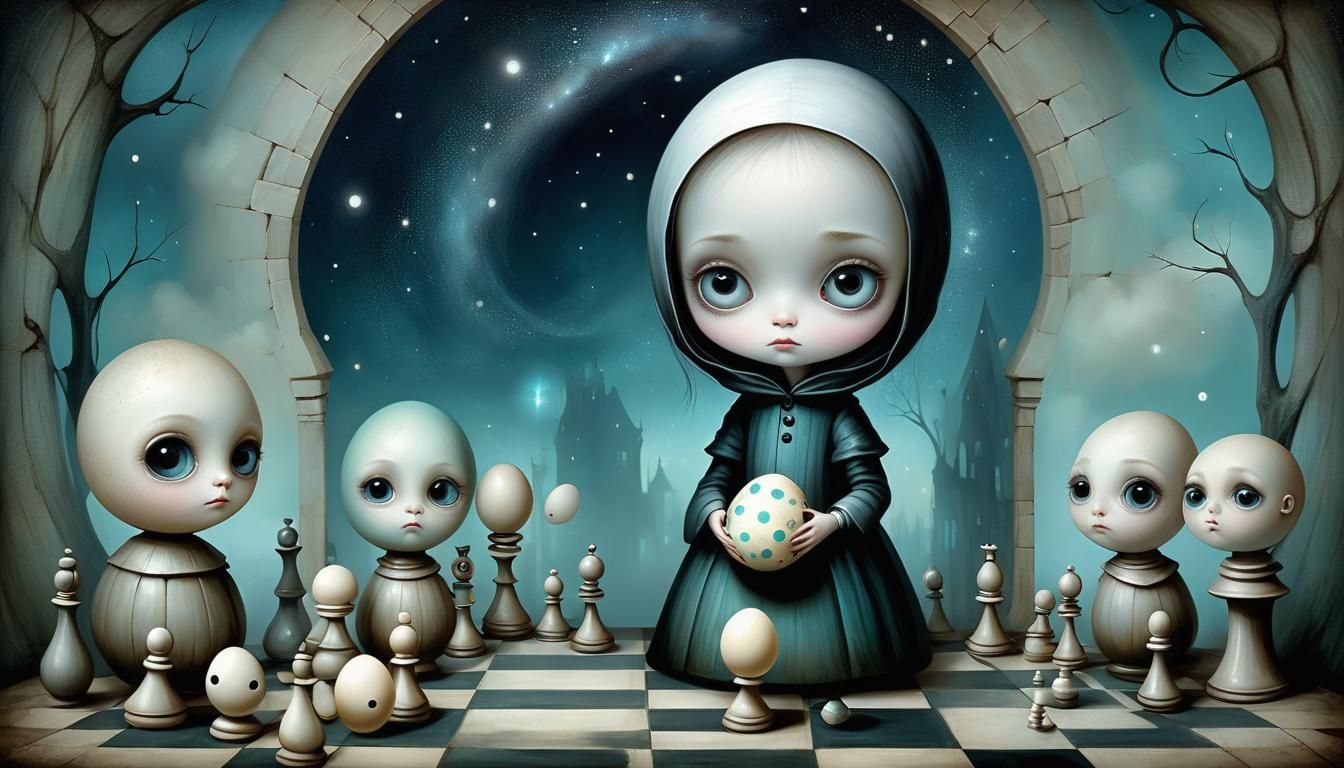 Surreal Cracked Egg Galaxy Chess Game Illustration