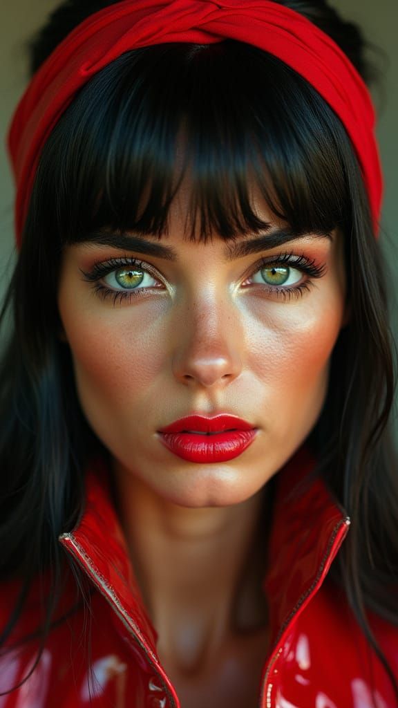 Striking Woman with Crimson Headband: Hyperrealistic Portrai...
