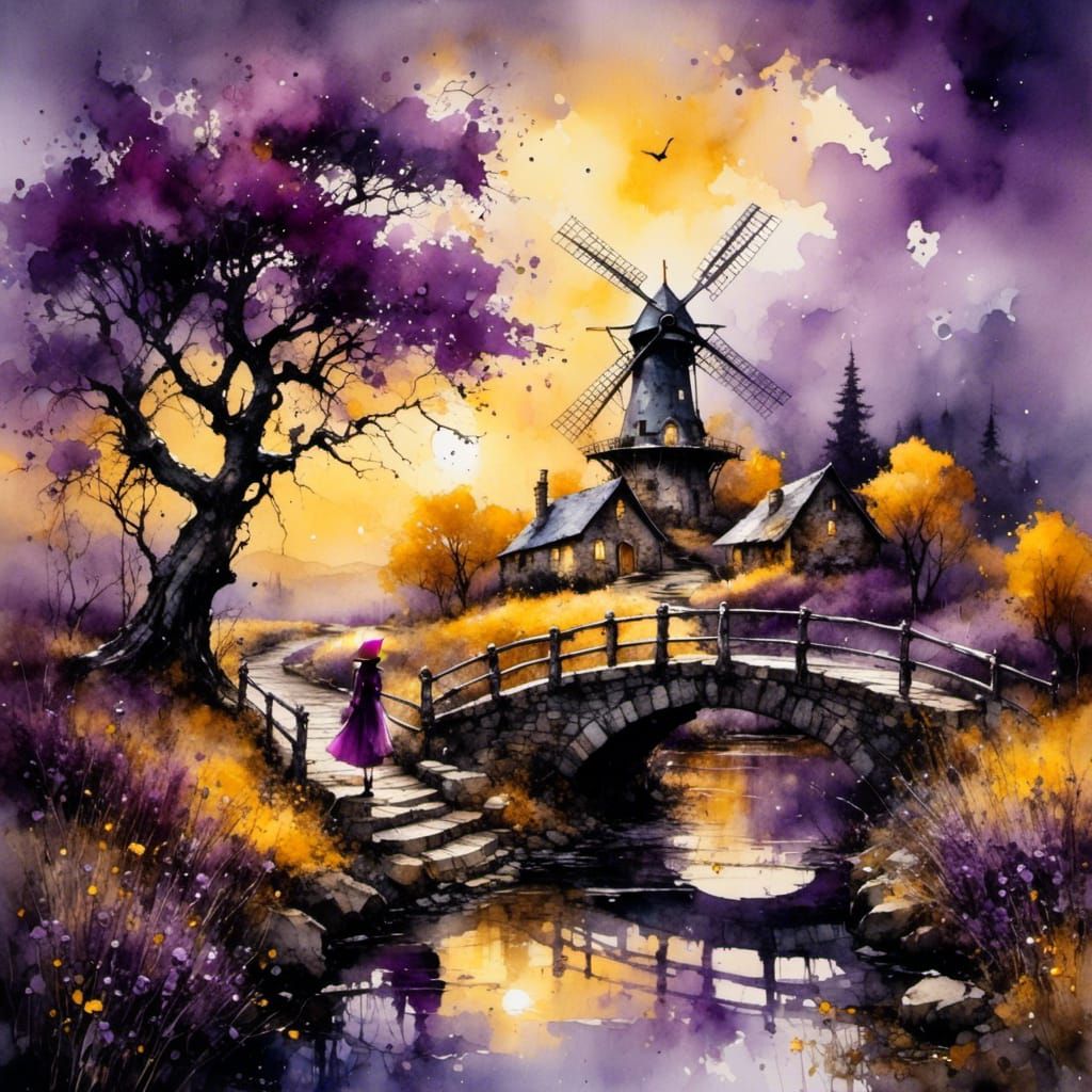 Enchanting Witch by Windmill in Vibrant Oil Painting