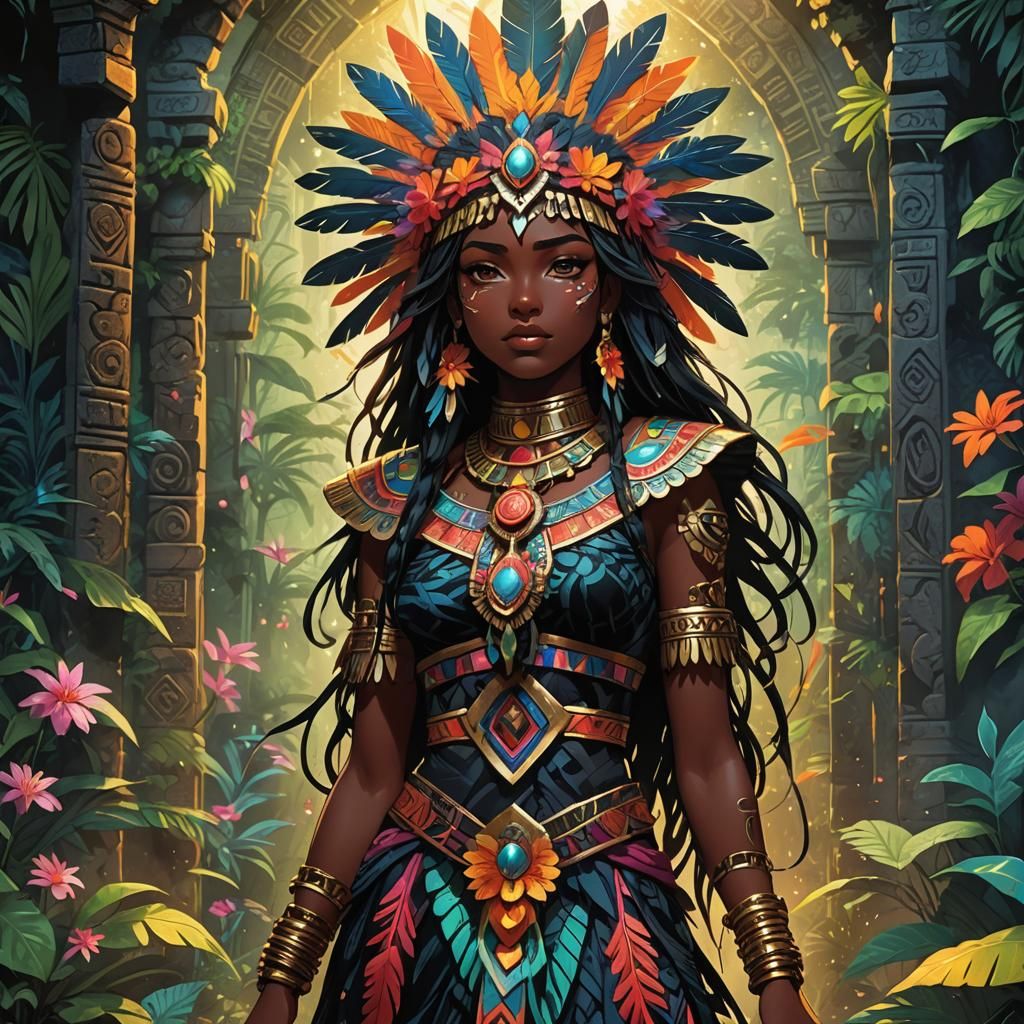 Aztec Anime Girl in Mystical Jungle, Studio Trigger Style