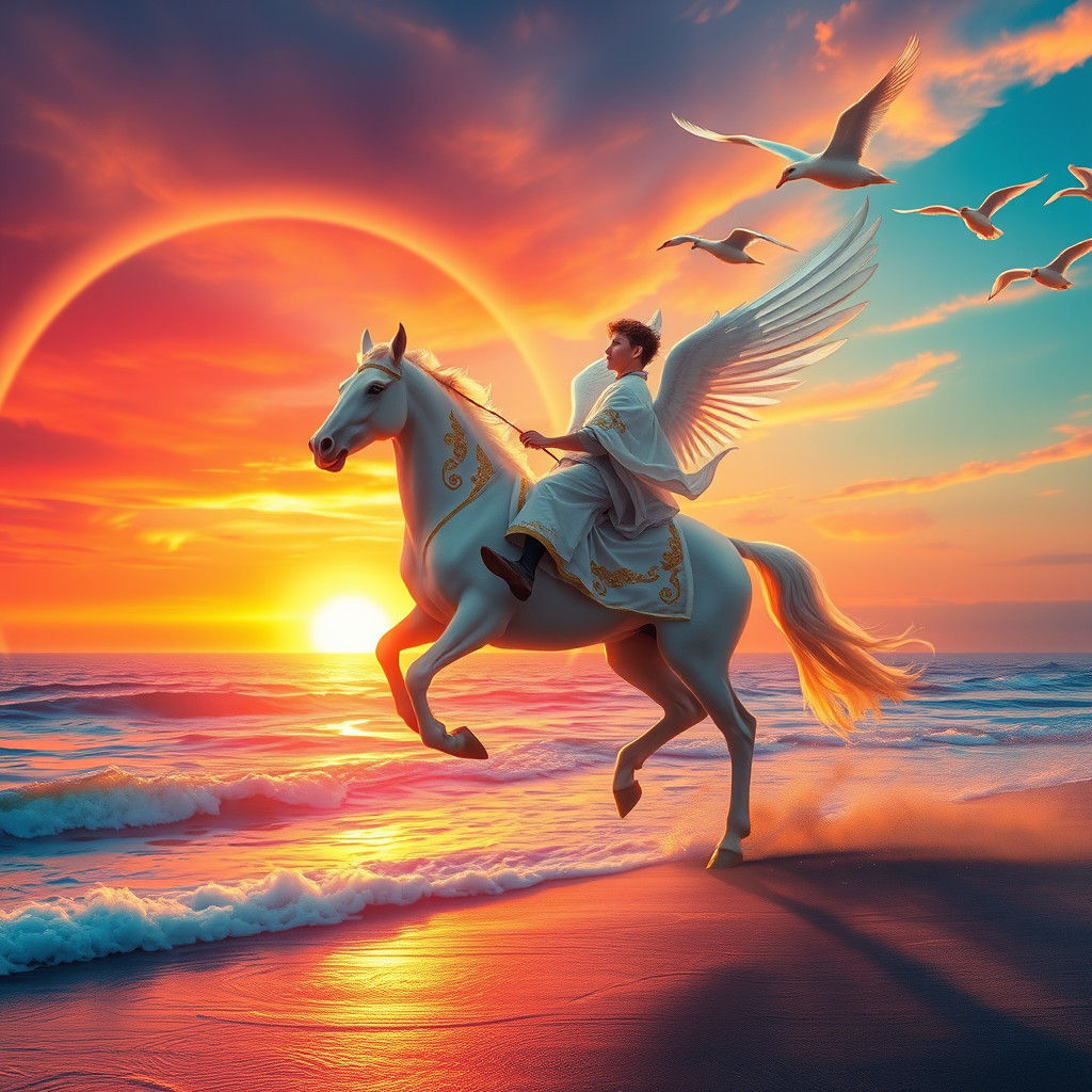 Pegasus Rider at Sunrise: Fantasy Matte Painting