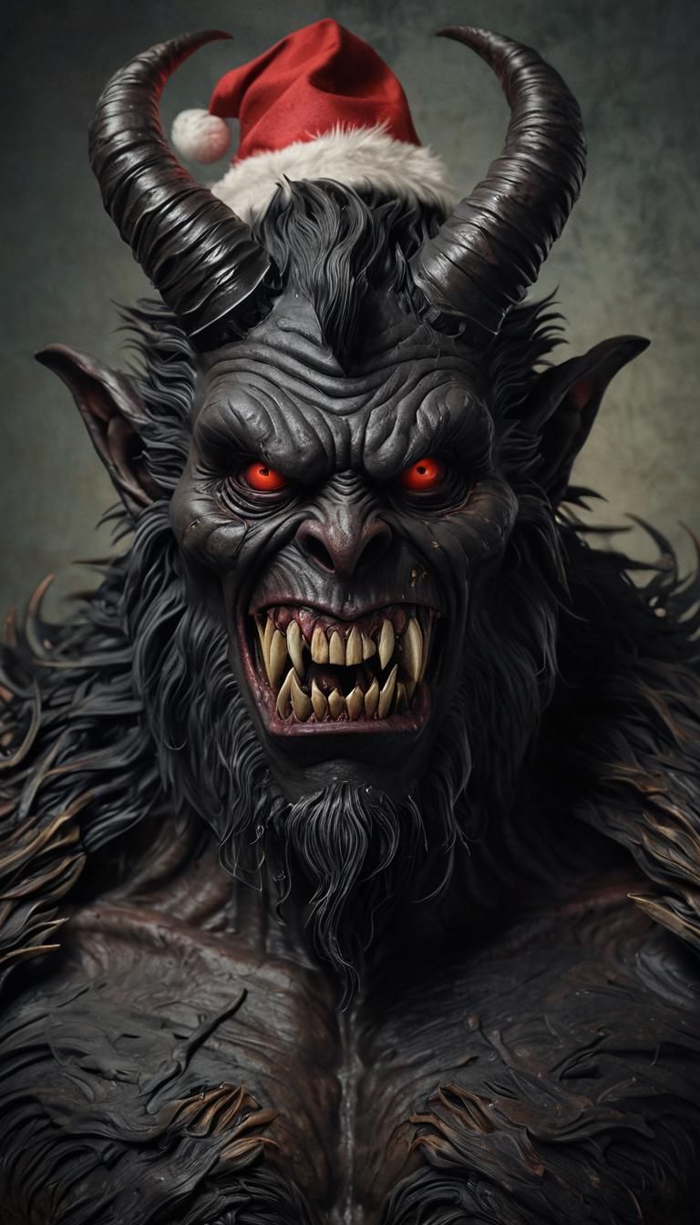 Dark Krampus Portrait in Santa Hat, Intricate Details