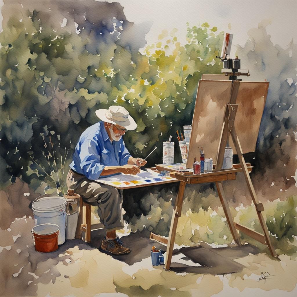 Watercolor Painting of an Artist at Work