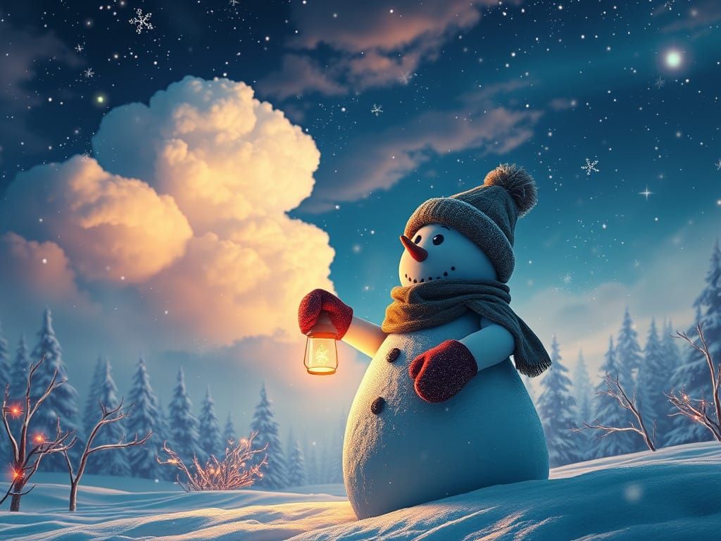 Winter Wonderland Snowman in Enchanted Night Sky