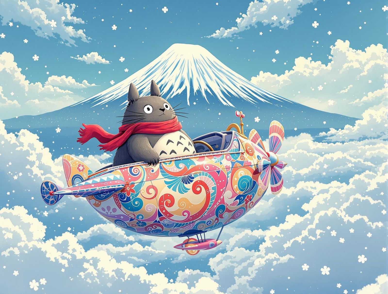 Totoro Soars Past Snowy Mount Fuji in Whimsical Cat-Airship
