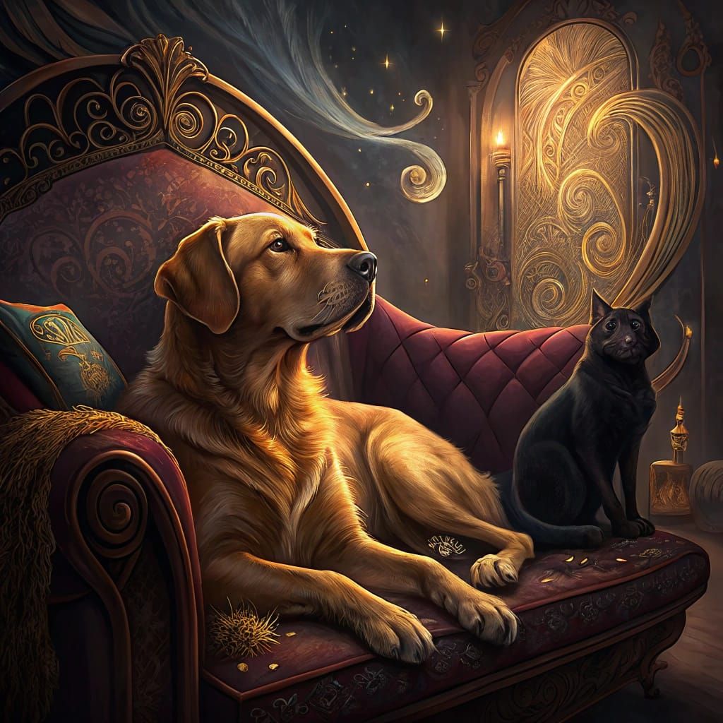 Dog and Cat in Fantasy Matte Painting