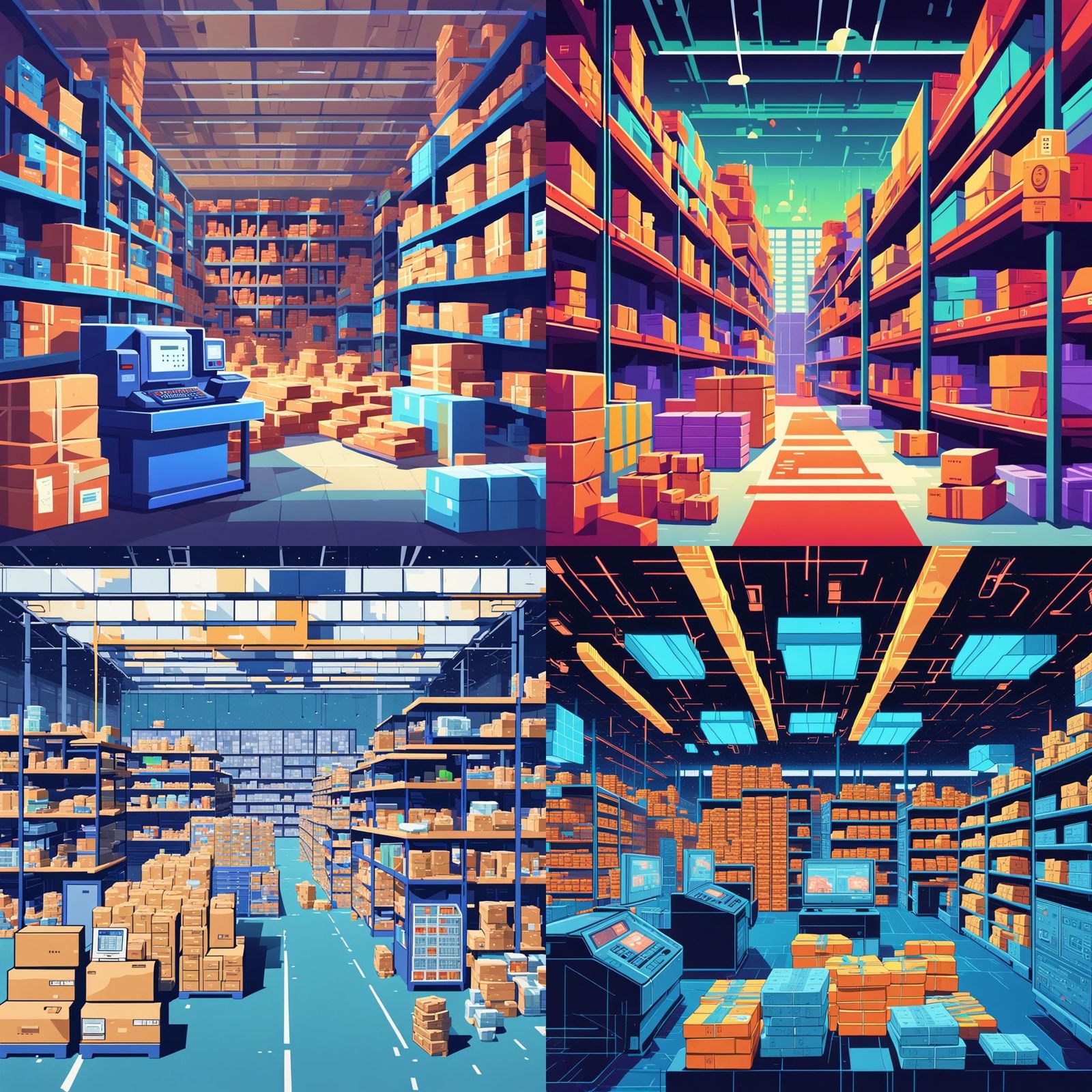 Colorful Warehouse Scene in Flat 2D Animation Style