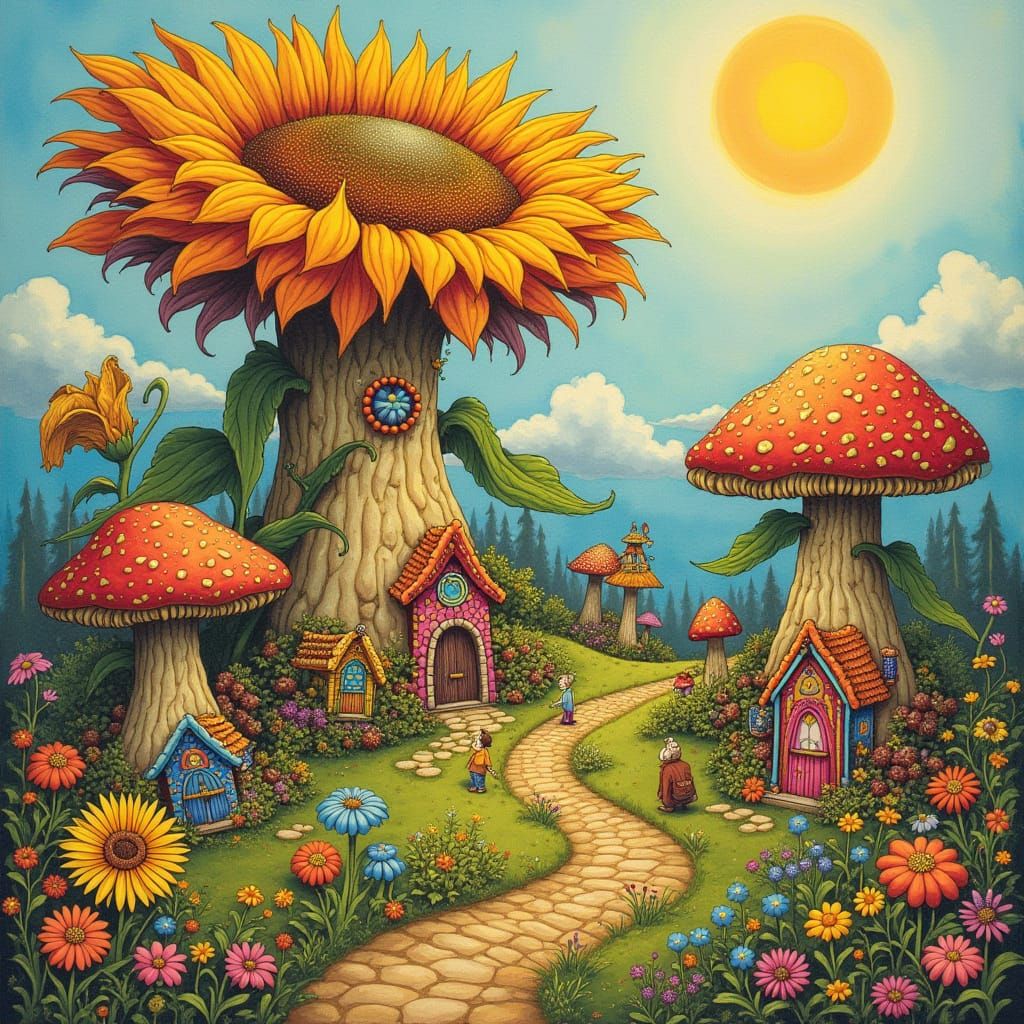 Mushroom Village in Sunflower, Whimsical Watercolor