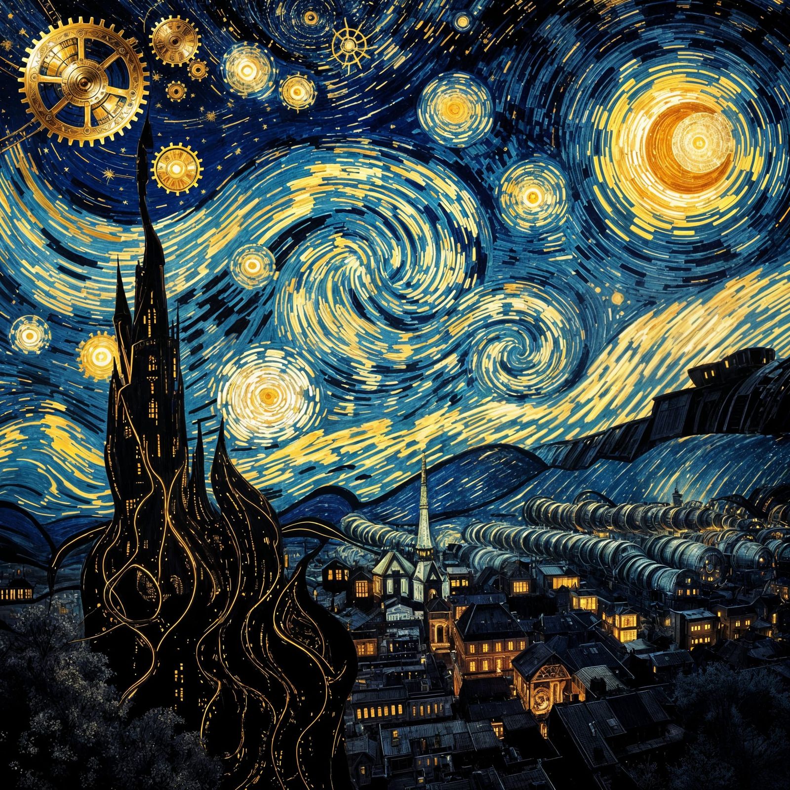 Steampunk Starry Night With Gears and Airships