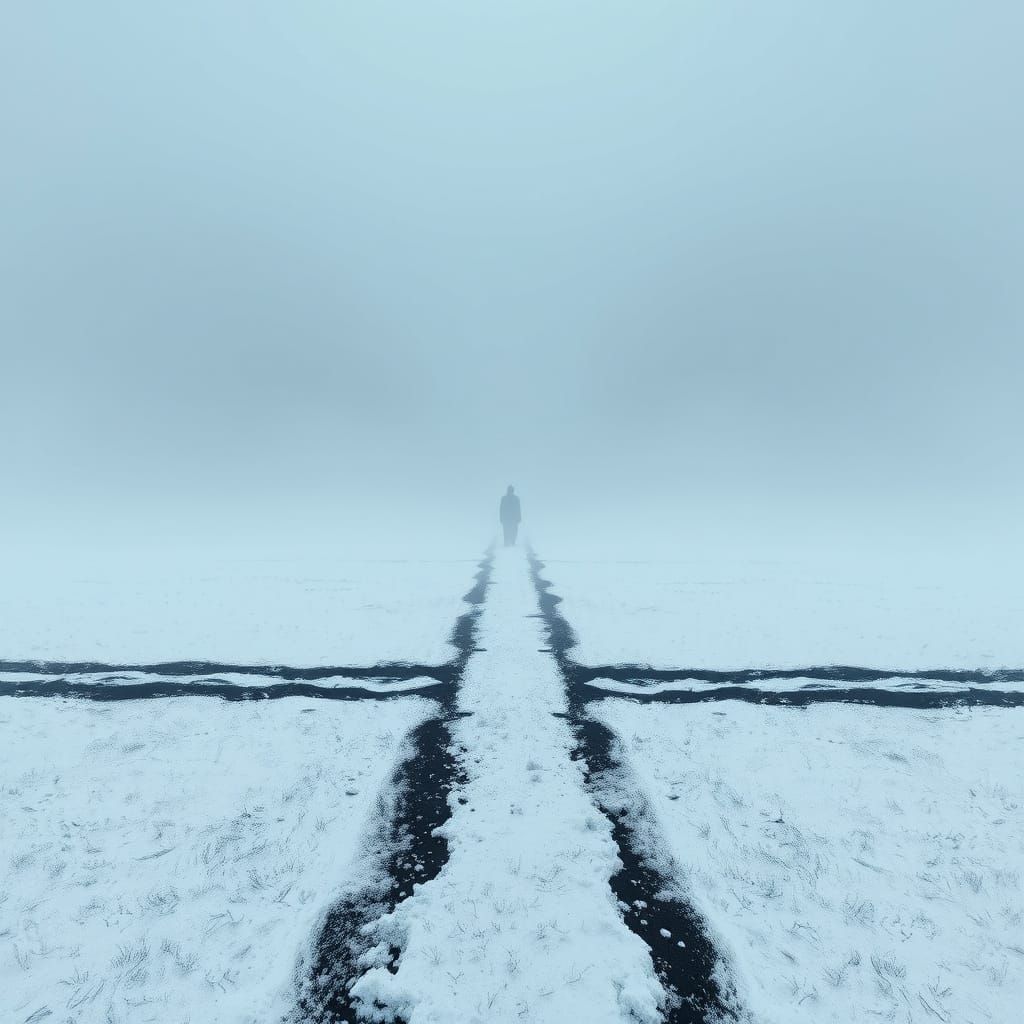Mysterious Figure in a Haunting White Landscape