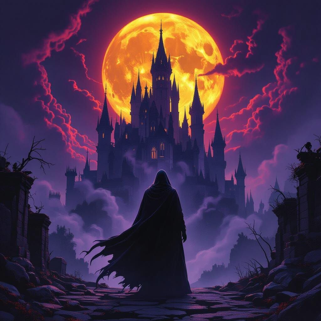 Mysterious Figure at Gothic Castle Under Blood Moon
