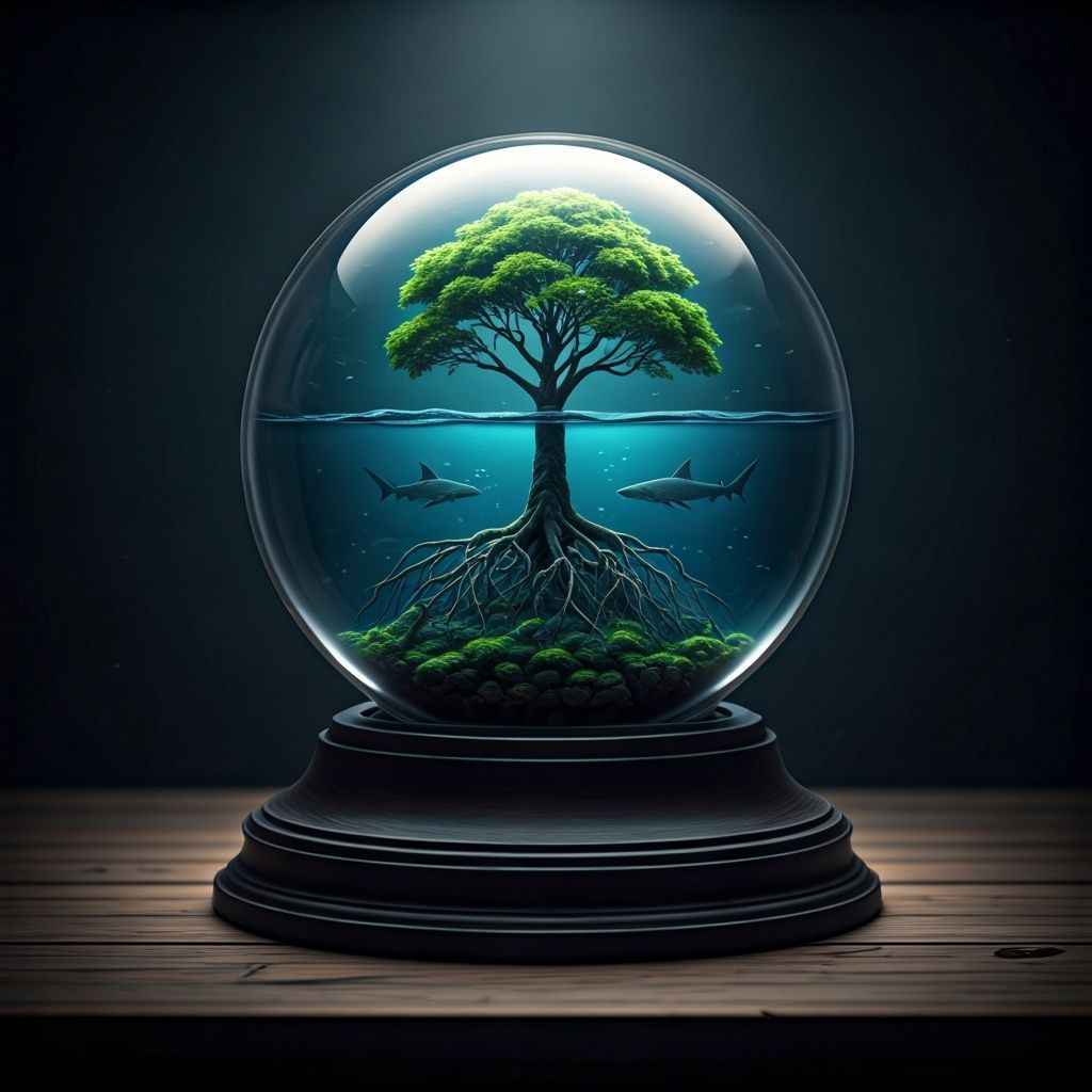 Surreal Glass Ball with Tree and Sharks
