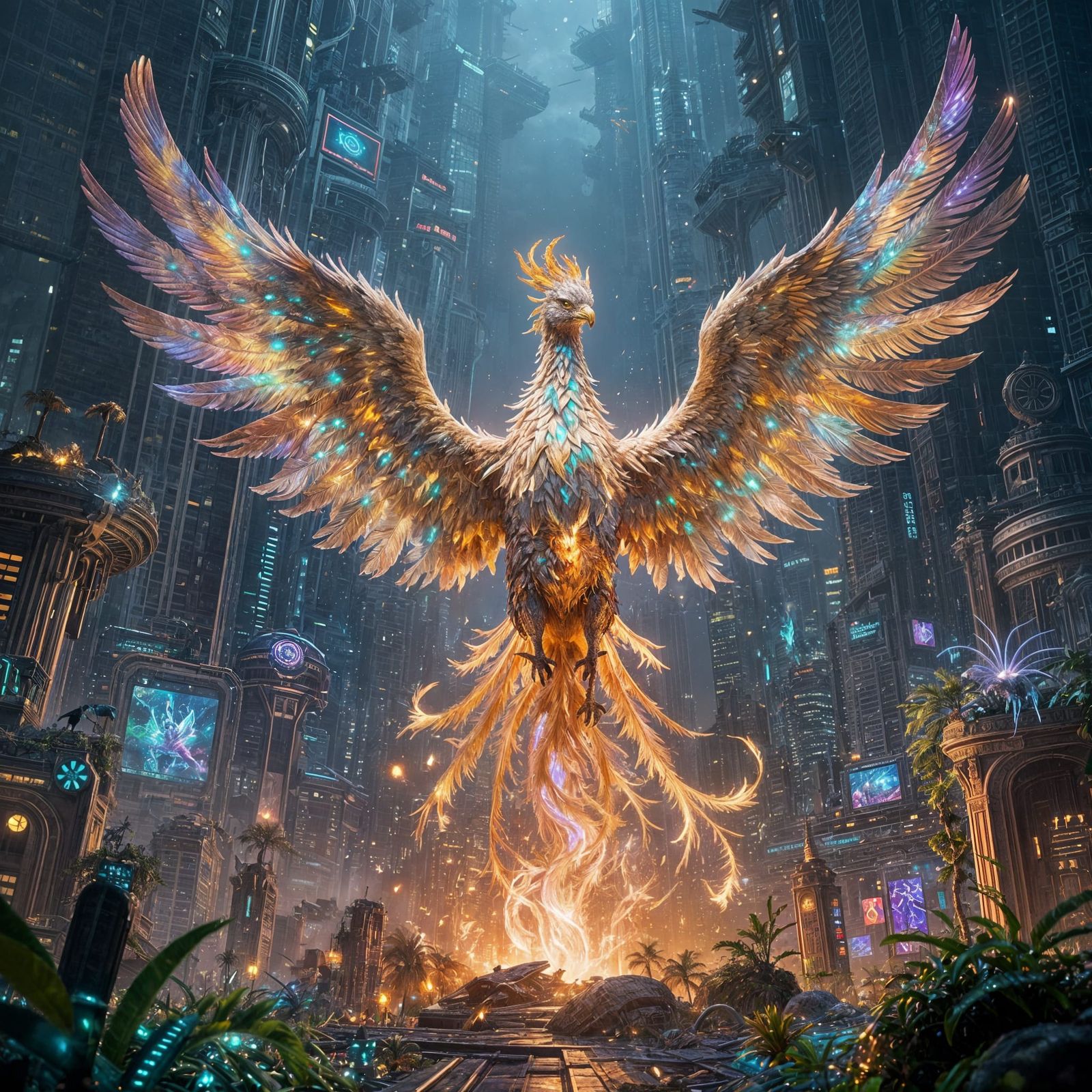 Phoenix Rises in Futuristic Overgrown Cityscape