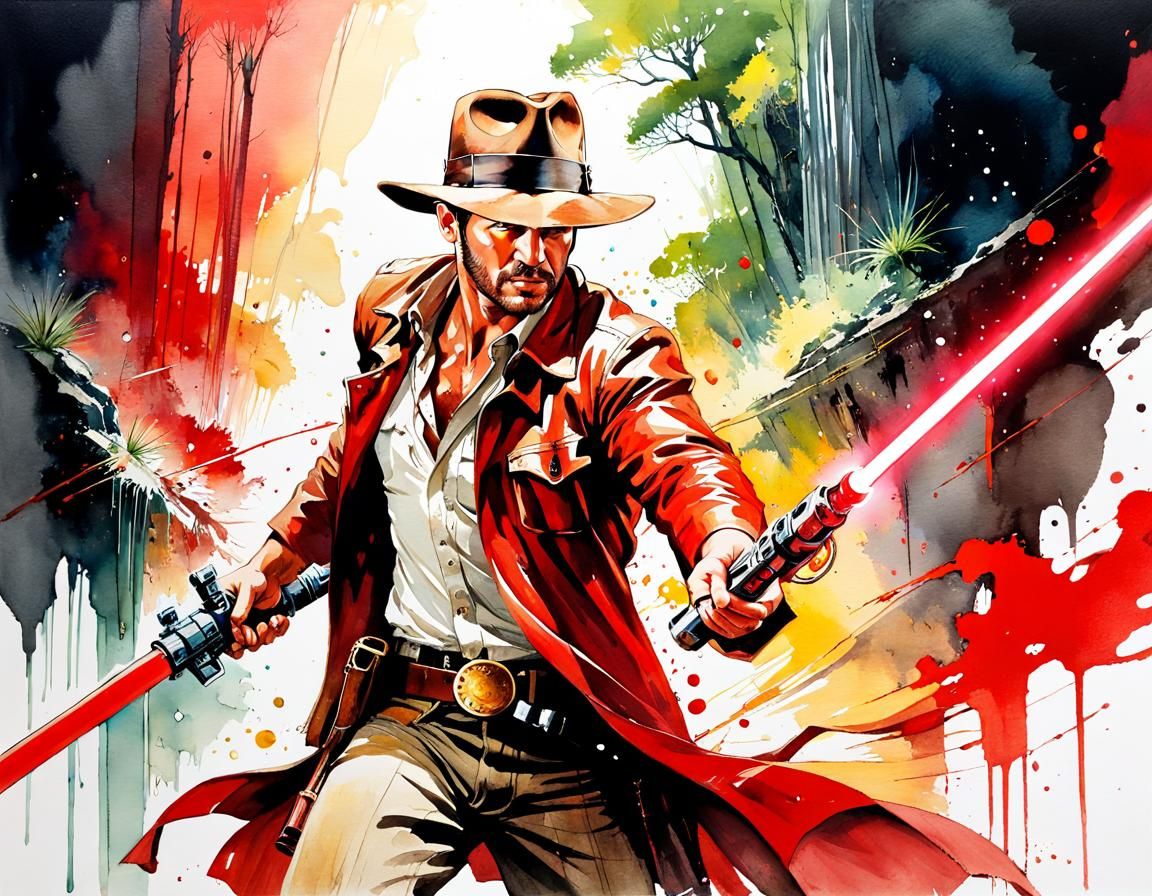 Indiana Jones with Lightsaber in Manga Watercolor