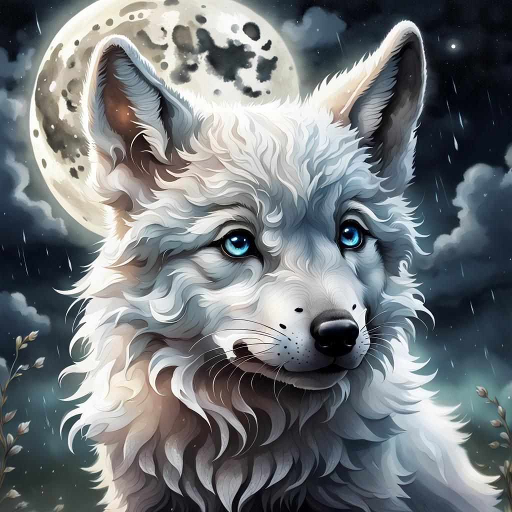 Crying Wolf Puppy Portrait in Watercolor Style
