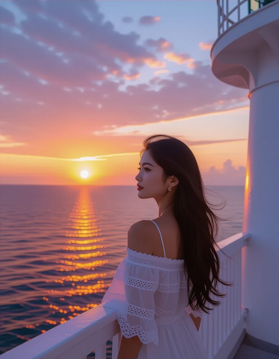 Woman on Lighthouse Balcony at Sunset