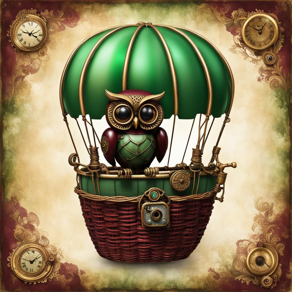 Steampunk Owl Soaring in Hot Air Balloon
