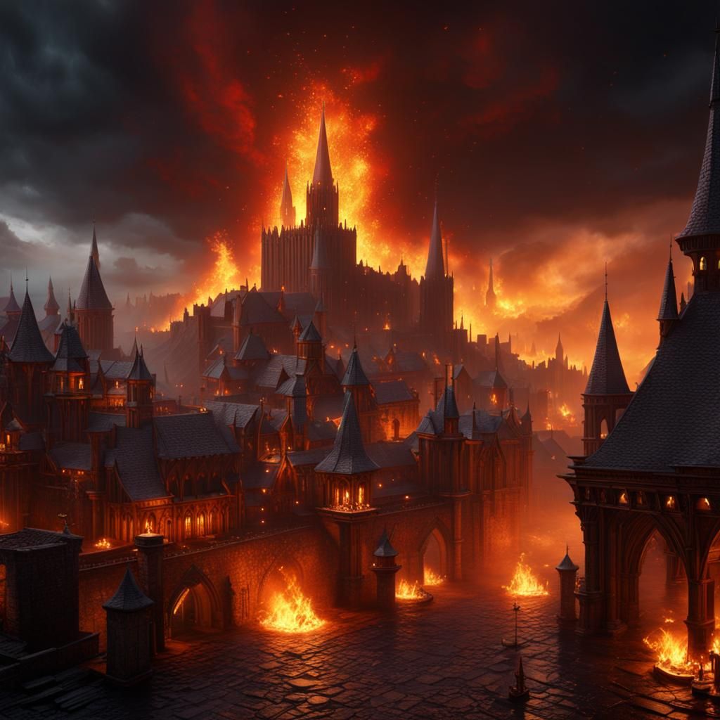 Medieval City Ablaze: Dark Fantasy Concept Art