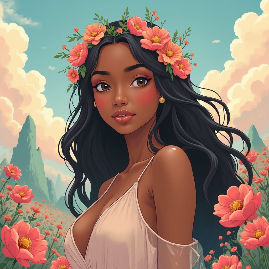 A captivating anime-style portrait of a brown-skinned woman with flowing hair and piercing eyes, adorned with a delicate...