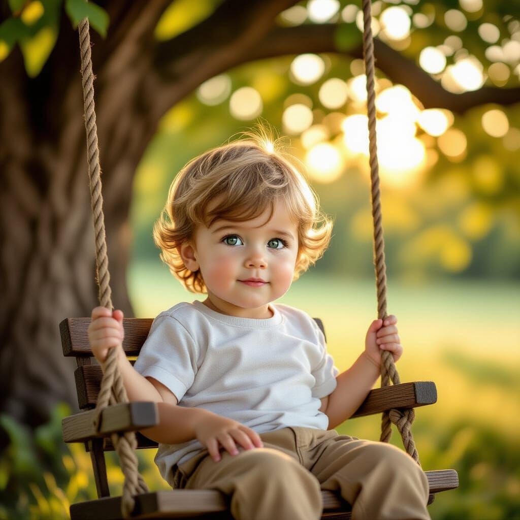 Boy on Wooden Swing in Golden Hour Light