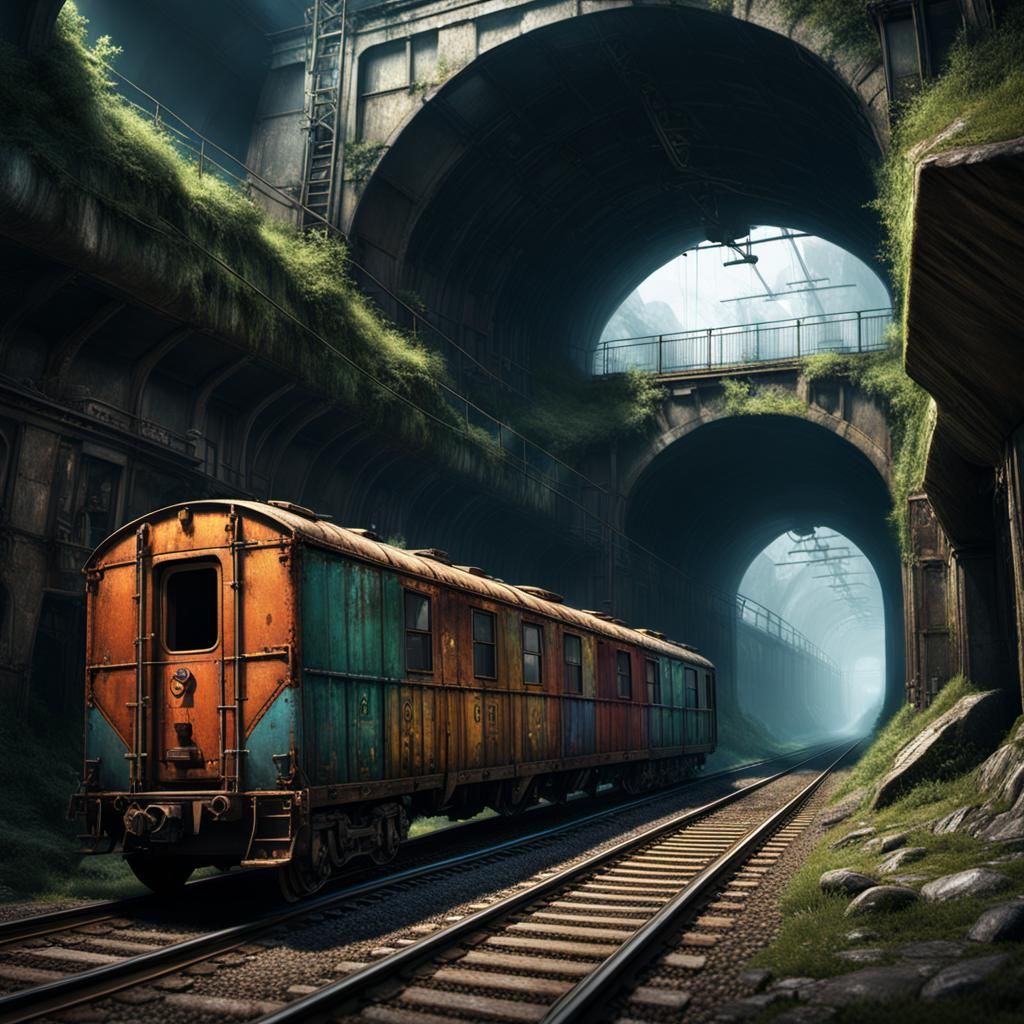 Abandoned Train in Tunnel: Detailed Matte Painting