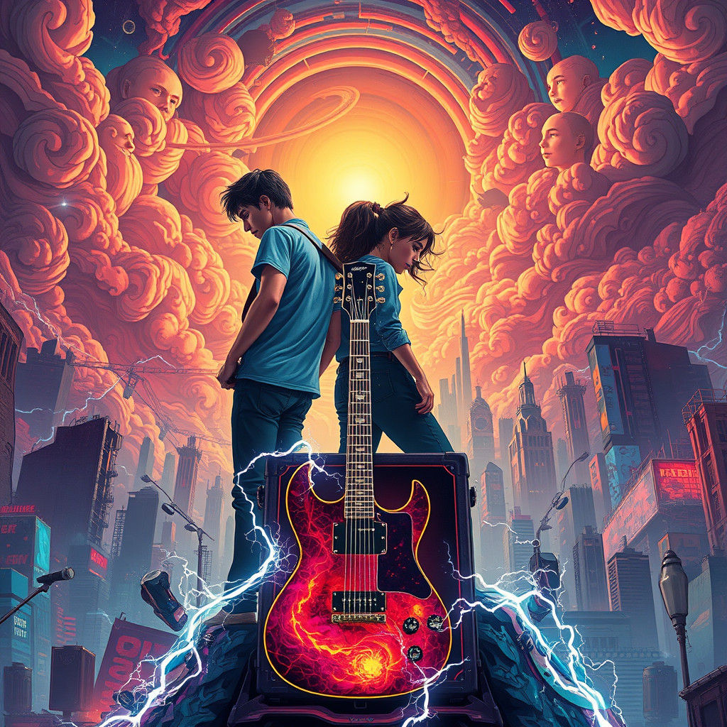 Teenage Rock Band in Futuristic Cityscape Concept Art