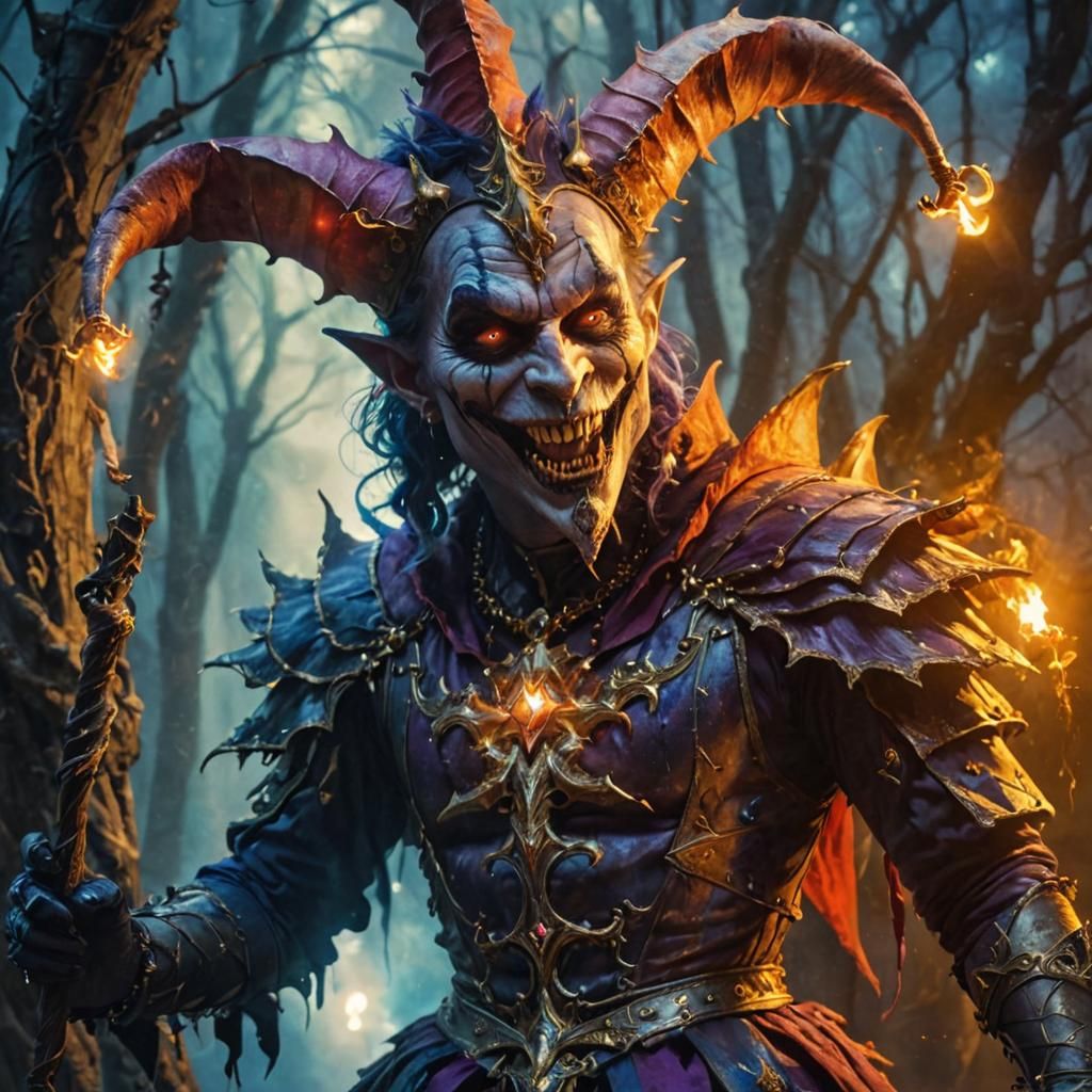 Dark Jester Demon in Dimly Lit Carnival