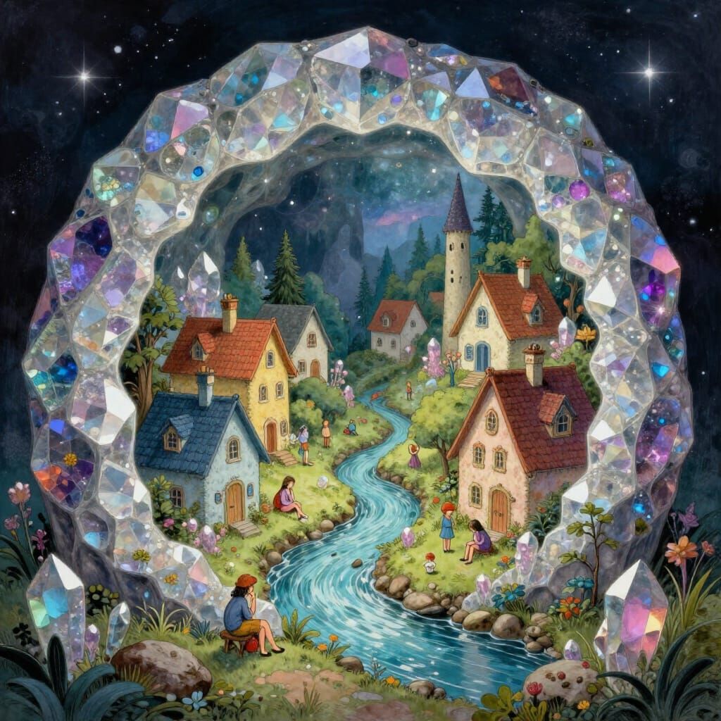 Whimsical Village Inside Luminescent Geode