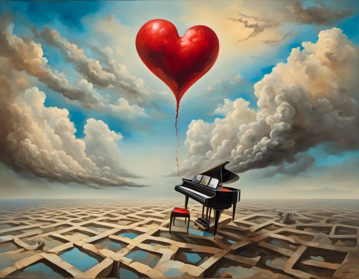 Surreal Landscape with Hearts, Sea Foam, and Piano