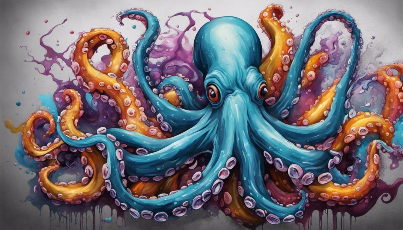 Ship Octopus Graffiti Art in Splash Art Style