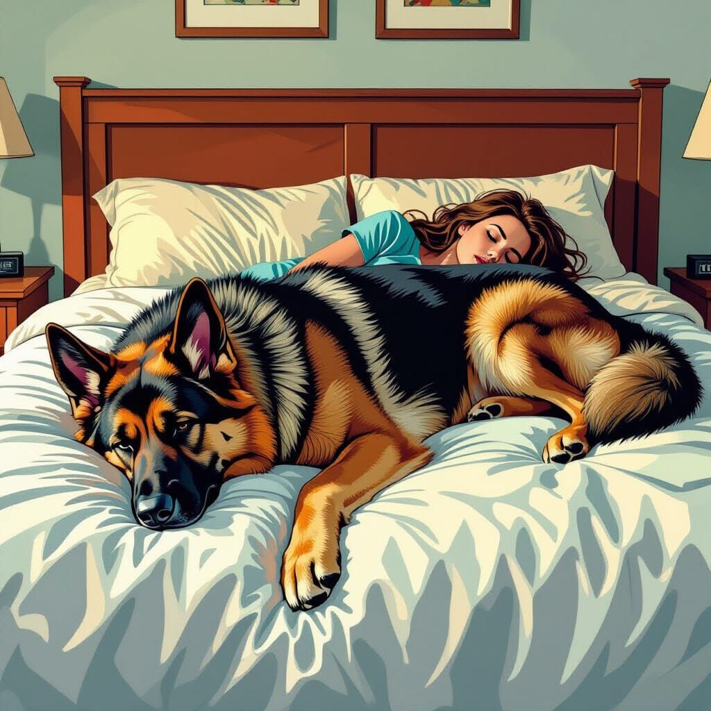 German Shepherd Dominates Bed While Owner Sleeps on Edge