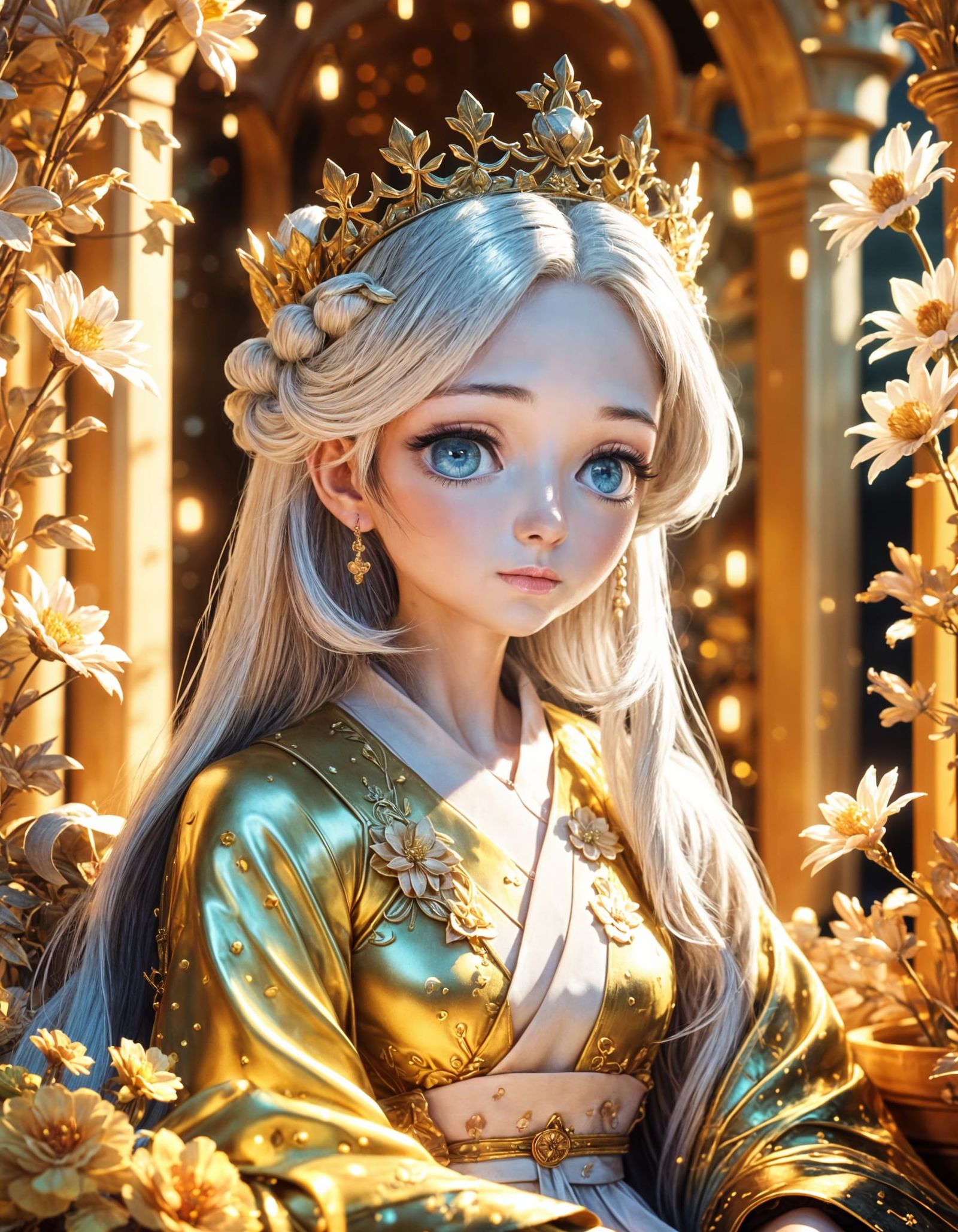 Gentle Anime Queen in Gilded Bedchamber