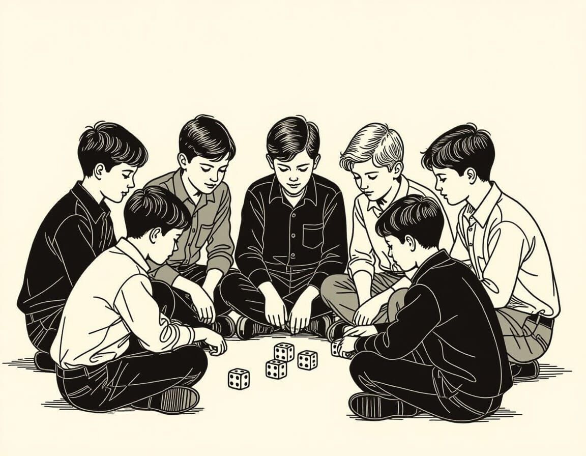Minimalist Line Drawing of Boys Playing Dice