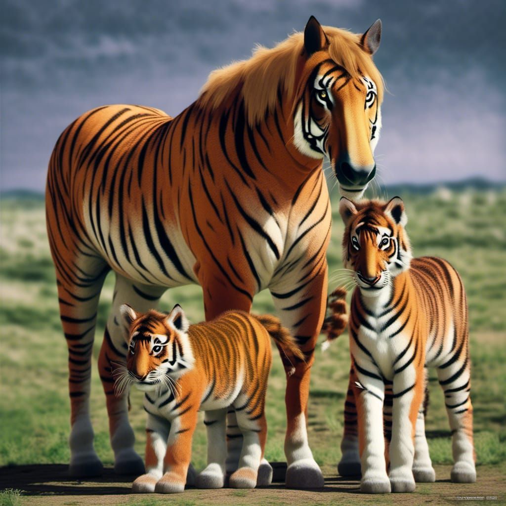 Tiger-Horse Family: Hyperrealistic Cinematic Film Still