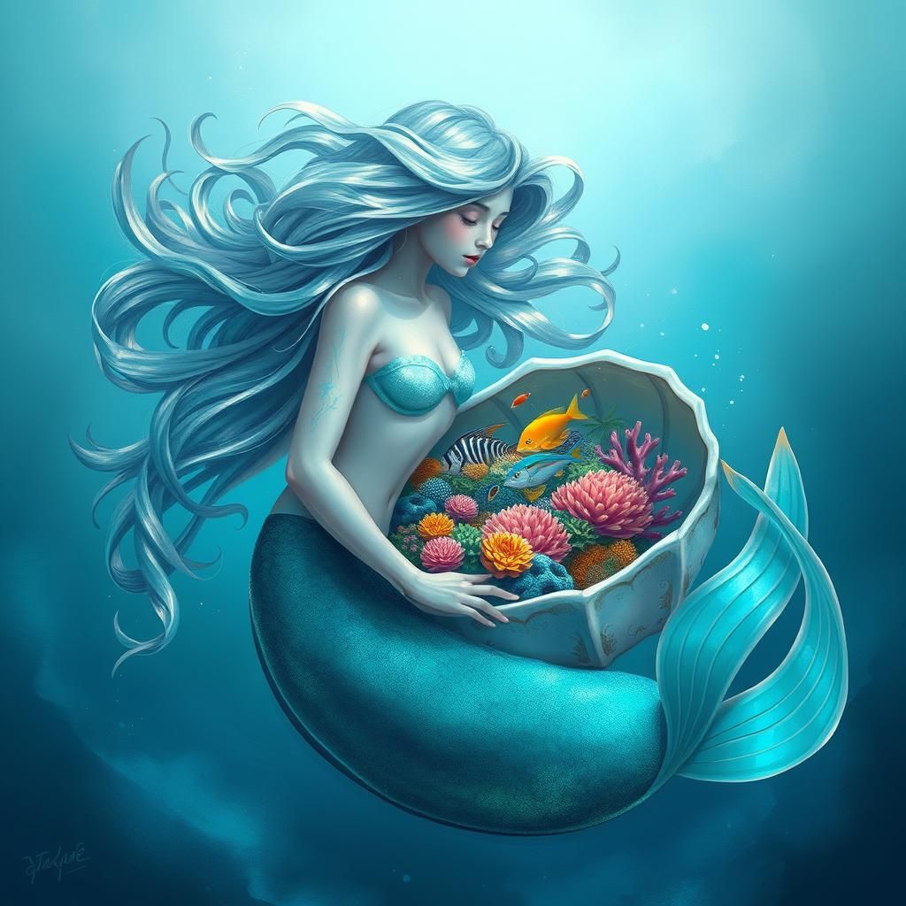 Mermaid Cradling Coral Reef in Dreamy Digital Art