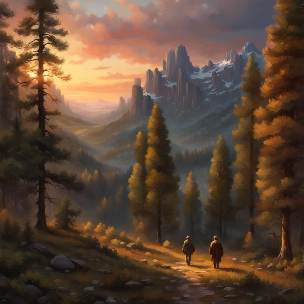 Mountain Landscape with Old Man in Oil Painting